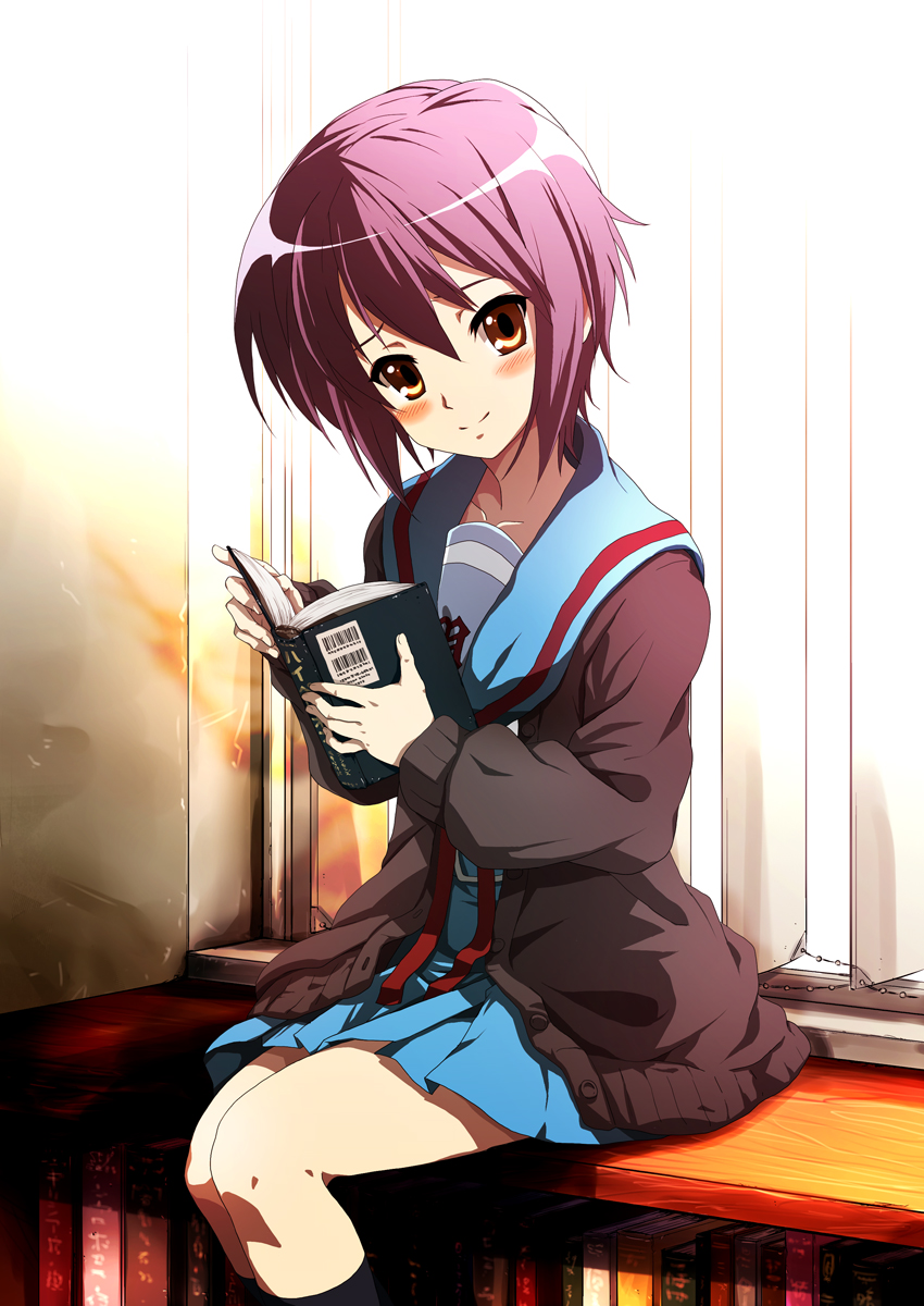 blush book highres minimaru nagato_yuki school_uniform serafuku solo suzumiya_haruhi_no_yuuutsu
