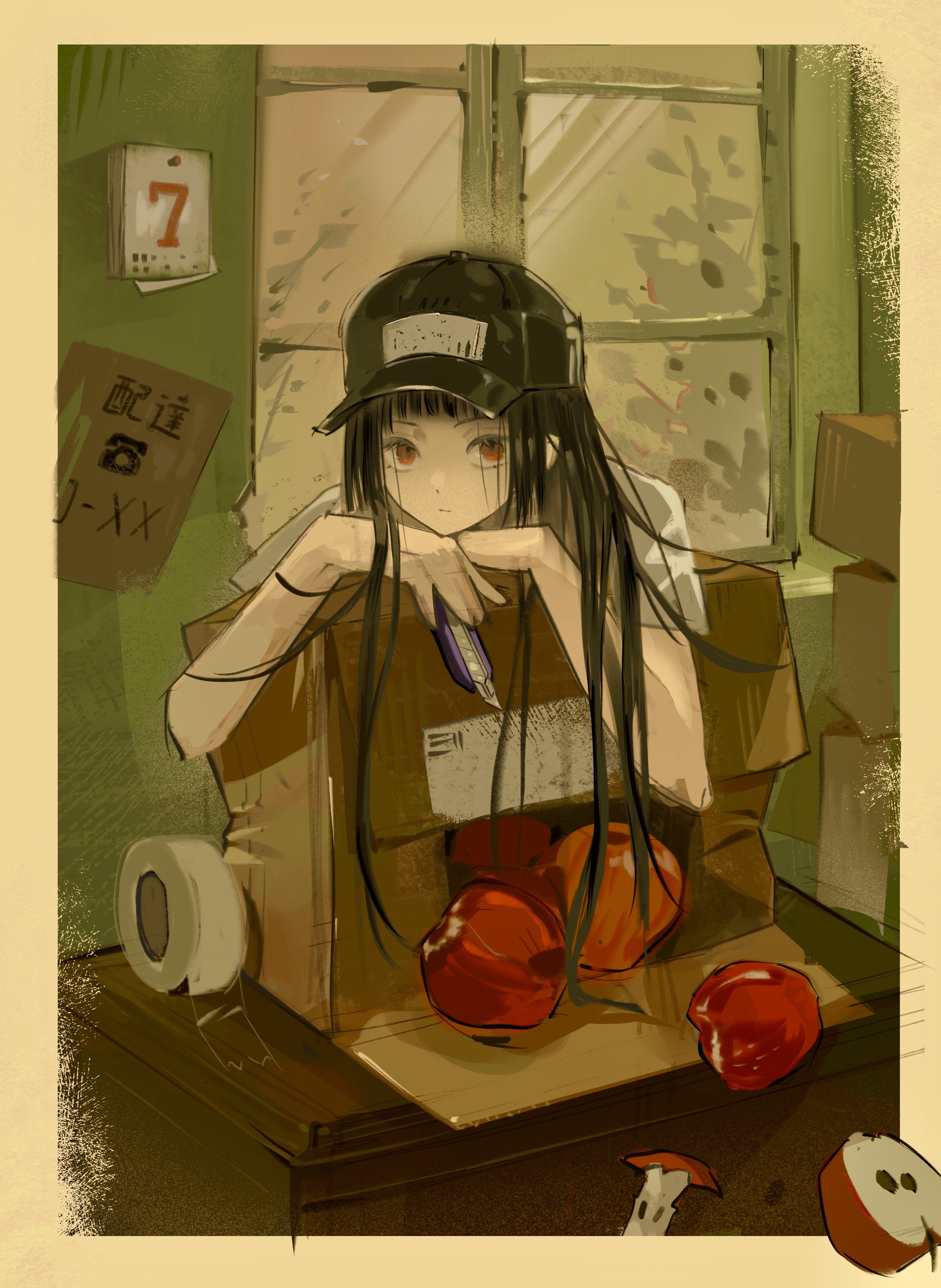 1girl 78404938 absurdres apple apple_core bare_arms baseball_cap black_hat blunt_bangs border box_stack boxcutter calendar_(object) chinese_commentary closed_mouth commentary_request desk dot_nose enma_ai expressionless food fruit hair_over_shoulder hand_on_own_chin hat highres hime_cut holding holding_knife indoors jigoku_shoujo knife light_frown long_hair open_box procreate_(medium) red_eyes shirt short_sleeves solo straight_hair t-shirt tape upper_body very_long_hair white_shirt window yellow_border
