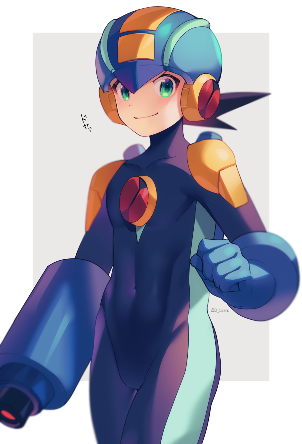 1boy arm_cannon black_hair blue_bodysuit blue_headwear blue_helmet blurry blush bodysuit border closed_mouth commentary_request covered_collarbone covered_navel cowboy_shot depth_of_field green_eyes grey_background happy helmet highres looking_at_viewer male_focus mega_man_(series) mega_man_battle_network_(series) megaman.exe outside_border short_hair simple_background smile solo spiked_hair standing translation_request twitter_username weapon white_border zero-go
