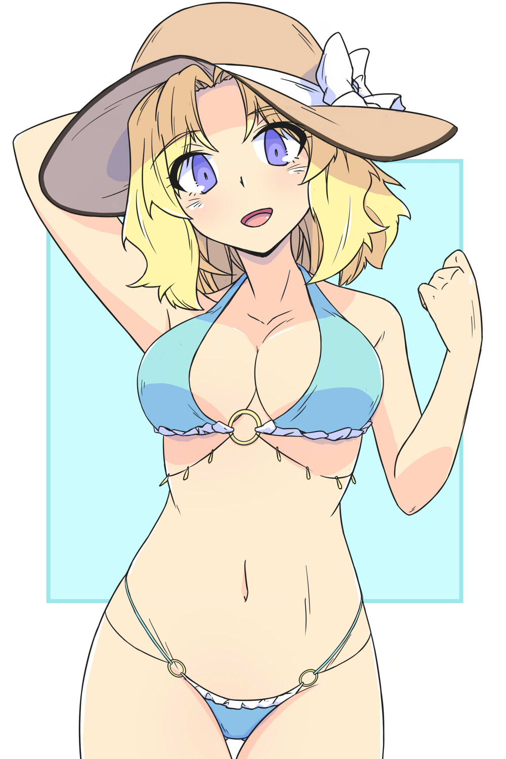 1girl arm_behind_head bikini blonde_hair blue_background blue_bikini blue_eyes breasts brown_hat cowboy_shot girls_und_panzer gluteal_fold halterneck hat highres kay_(girls_und_panzer) looking_at_viewer medium_breasts medium_hair multi-strapped_bikini_bottom navel o-ring o-ring_bikini open_mouth parted_bangs renshiu smile solo standing string_bikini sun_hat swimsuit thigh_gap