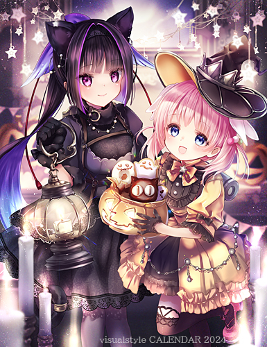2girls animal_ears black_hair black_thighhighs blue_eyes candle closed_mouth fake_animal_ears haizakura_(prima_doll) halloween hane_segawa hat holding_lamp karasuba_(prima_doll) lowres multiple_girls official_art open_mouth pink_hair prima_doll_(anime) red_eyes smile thighhighs witch_hat