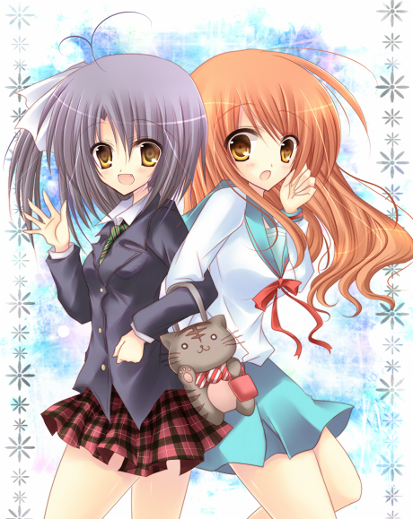 00s 2girls asahina_mikuru asakura_hayate asakura_ibuki back-to-back bad_id bad_pixiv_id bag brown_eyes brown_hair cat crossover fang gotou_yuuko grey_hair long_hair multiple_girls ootori_naru oretachi_ni_tsubasa_wa_nai plaid_clothes plaid_skirt school_uniform serafuku short_hair side_ponytail skirt suzumiya_haruhi_no_yuuutsu voice_actor_connection waving