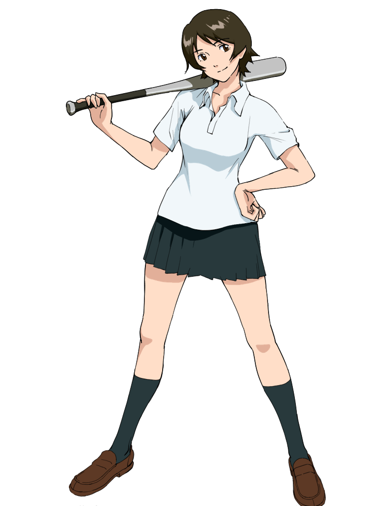 1girl baseball_bat black_skirt black_socks breasts brown_eyes brown_hair brown_shoes carrying_over_shoulder collared_shirt commentary curled_fingers full_body hand_on_own_hip holding holding_baseball_bat kneehighs konno_makoto langerhans_2016 light_smile loafers looking_at_viewer medium_breasts pleated_skirt polo_shirt school_uniform shirt shoes short_hair short_sleeves simple_background skirt smile socks solo spread_legs standing toki_wo_kakeru_shoujo tomboy very_short_hair white_background white_shirt