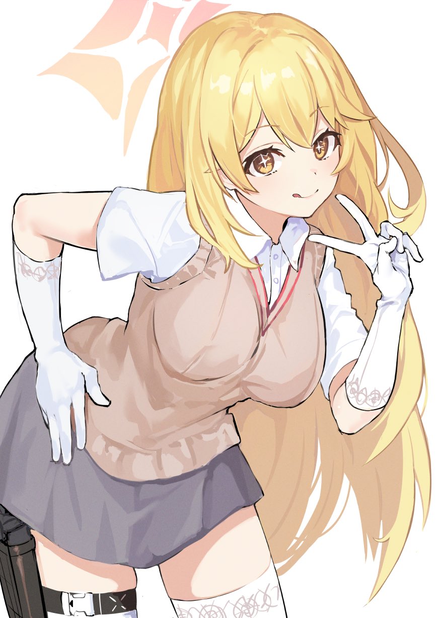 1girl :p blonde_hair blue_archive breasts brown_sweater_vest collared_shirt deca_purio elbow_gloves gloves grey_skirt halo hand_on_own_hip hand_up highres holster large_breasts leaning_forward long_hair looking_at_viewer no_emblem pleated_skirt school_uniform shirt shokuhou_misaki skirt solo sparkling_eyes spider_web_print summer_uniform sweater_vest thigh_holster thighhighs toaru_kagaku_no_railgun toaru_majutsu_no_index tokiwadai_school_uniform tongue tongue_out v white_background white_gloves white_shirt white_thighhighs yellow_eyes
