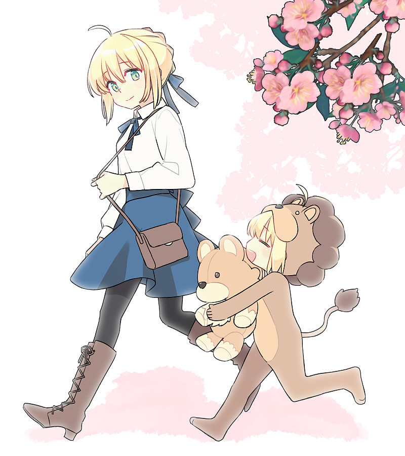 2girls 87banana ahoge animal_costume artoria_pendragon_(fate) bag blonde_hair blouse blue_skirt boots bow check_commentary cherry_blossoms cherry_tree commentary_request fate_(series) green_eyes hair_bow handbag lace-up_boots lion_costume lion_tail multiple_girls saber_(fate) saber_lion shirt skirt stuffed_animal stuffed_lion stuffed_toy tail white_shirt