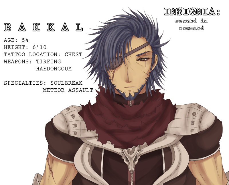 1boy armor assassin_cross_(ragnarok_online) beard black_shirt blue_hair character_name closed_mouth commentary english_commentary english_text expressionless eyepatch facial_hair looking_at_viewer male_focus pauldrons ragnarok_online red_scarf rinslette scar scar_across_eye scar_on_face scarf shirt short_hair short_sleeves shoulder_armor simple_background solo torn_clothes torn_scarf upper_body white_background