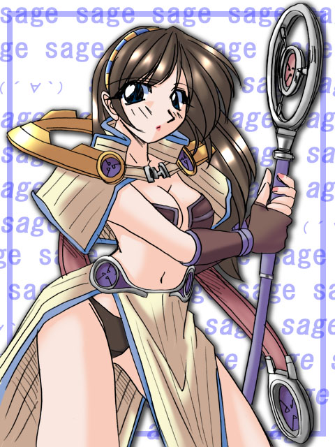 1girl 2000s_(style) bikini bikini_top_only black_panties blue_eyes blush breasts brown_capelet brown_gloves brown_hair brown_skirt capelet character_name cleavage closed_mouth commentary_request cowboy_shot expressionless fingerless_gloves gloves holding holding_staff long_hair looking_at_viewer medium_breasts panties pelvic_curtain ragnarok_online sage_(ragnarok_online) skirt solo staff striped_capelet swimsuit tatsumi_ray underwear