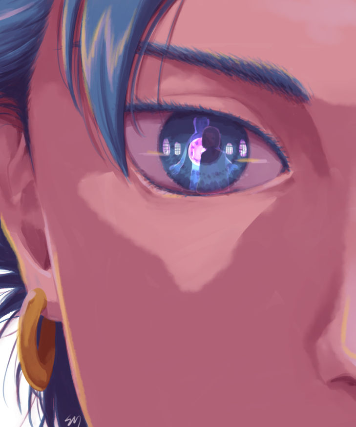 1other 2boys blue_eyes blue_hair brown_hair camus_(dq11) colored_eyelashes commentary_request dragon_quest dragon_quest_xi earrings eye_focus eye_reflection gold_earrings hero_(dq11) hoop_earrings jewelry kamei_(yokoshima-ko) male_focus multiple_boys reflection reflection_focus short_hair tockle_(dq11) upper_body white_background