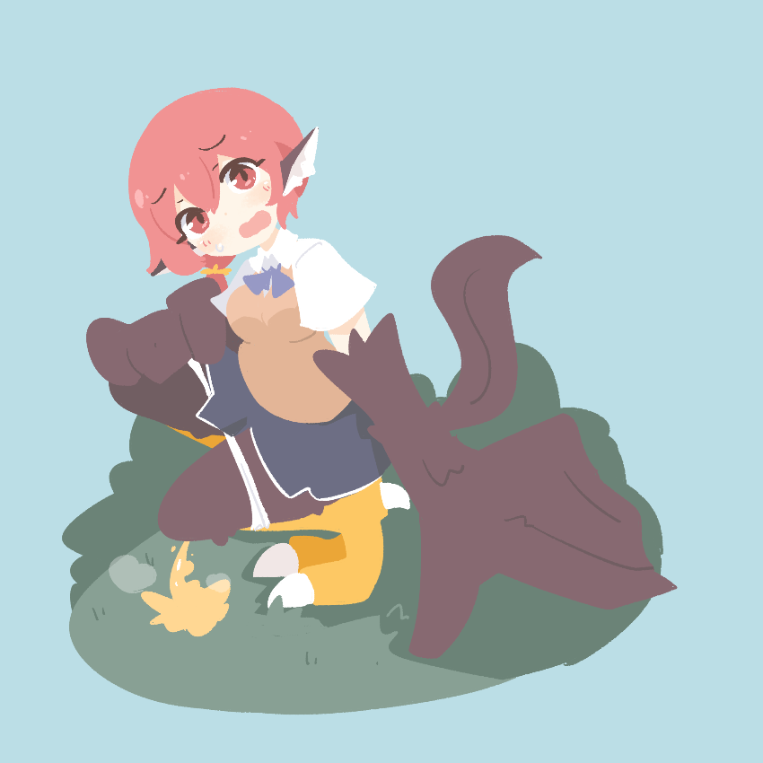 1girl animal_ear_fluff animal_ears animal_feet arm_support barefoot big_o_pants bird_ears bird_legs bird_tail black_fur black_wings blue_background blue_bow blue_bowtie blue_skirt blush body_fur bowtie breasts bush claws collared_shirt female_focus fio-chan_(big_o_pants) from_side full_body grass hair_between_eyes hair_tie hand_on_own_knee harpy looking_at_viewer medium_breasts medium_hair miniskirt monster_girl no_lineart open_mouth original outdoors panties panty_pull pee peeing ponytail raised_eyebrows red_eyes red_hair school_uniform shirt short_sleeves sidelocks skirt smile solo squatting steam sweat tail underwear vest white_panties white_shirt winged_arms wings yellow_vest