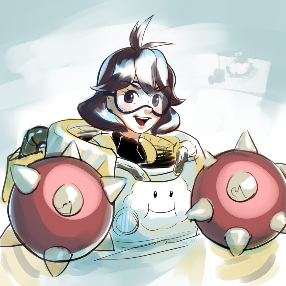 1girl ahoge arms_(game) brown_hair camera cloud crossover goggles lakitu mario_(series) mechanica_(arms) nintendo open_mouth short_hair smile spiny_egg stup-jam