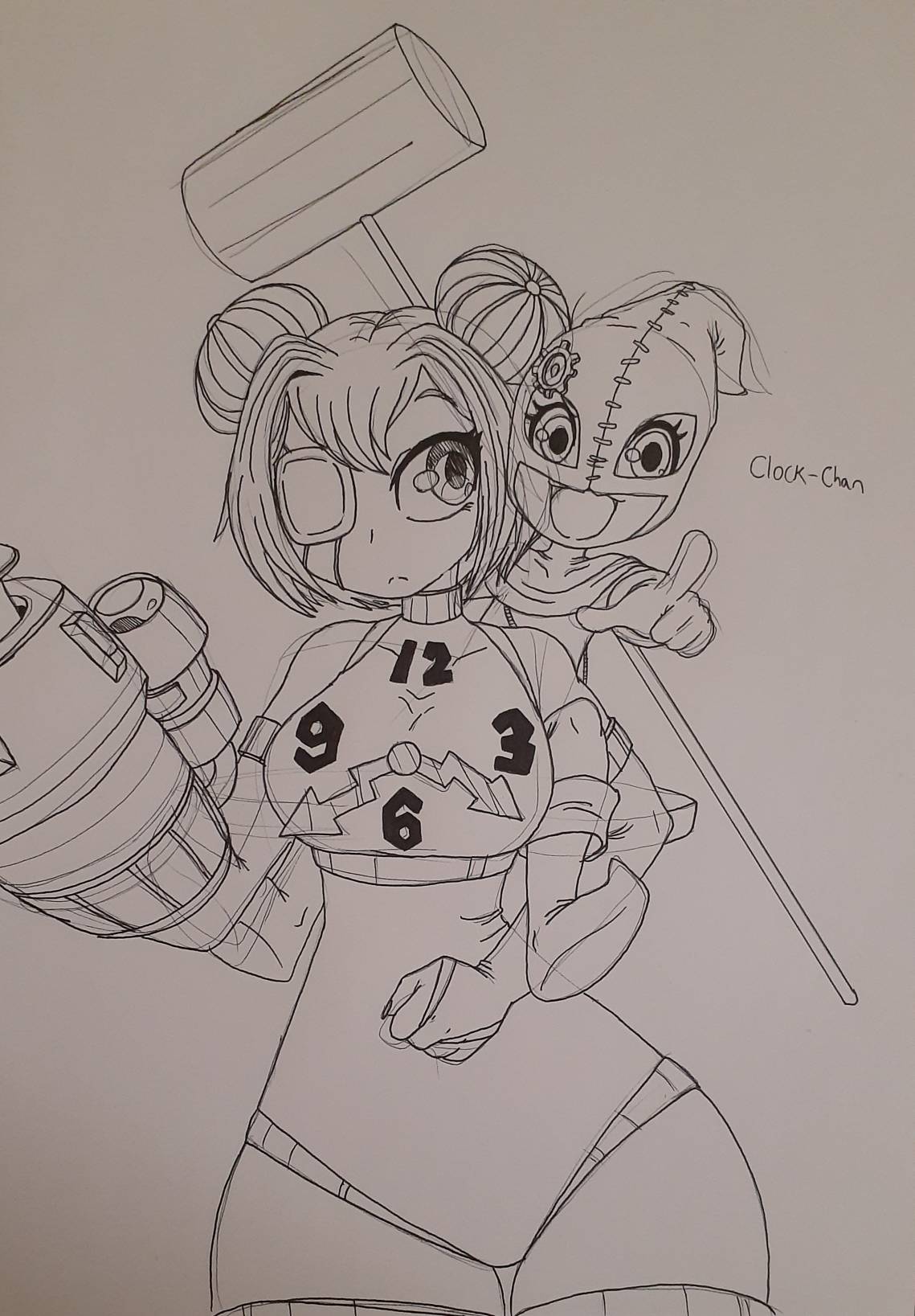 2girls breasts clockmon digimon gloves hammer highres looking_at_another mask medium_breasts monochrome multiple_girls personification