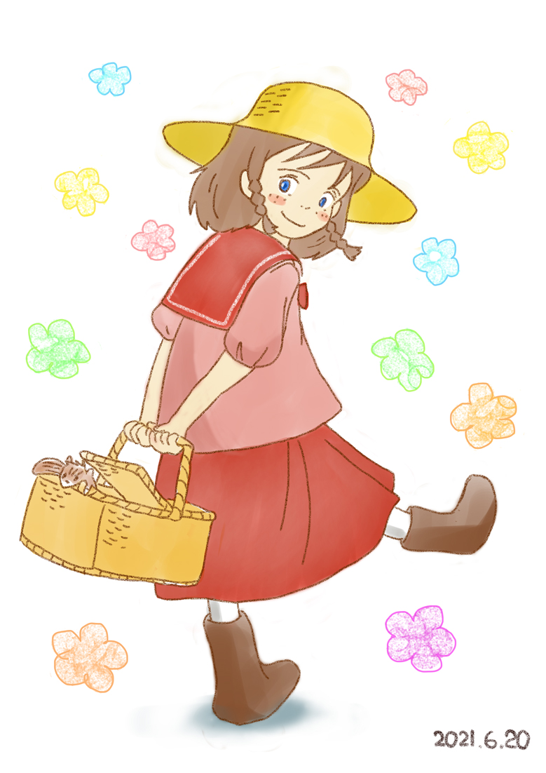 1girl ai_shoujo_pollyanna_monogatari basket blue_eyes blush_stickers braided_sidelock brown_footwear brown_hair closed_mouth dated freckles full_body holding holding_basket holding_behind_back looking_back pink_shirt pollyanna_whittier red_skirt sailor_collar shigenai_kuro shirt short_sleeves skirt smile solo squirrel