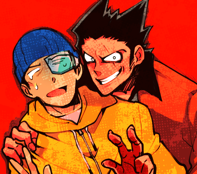 2boys ace_attorney beanie black_hair blue_headwear blush colored_skin furio_tigre glen_elg grin hand_on_another&#039;s_shoulder hat hood hoodie jacket looking_at_viewer male_focus minashirazu multiple_boys open_mouth phoenix_wright:_ace_attorney_-_trials_and_tribulations red_background red_jacket red_skin short_hair shoulder_grab simple_background smile spiked_hair teeth upper_body yellow_hoodie