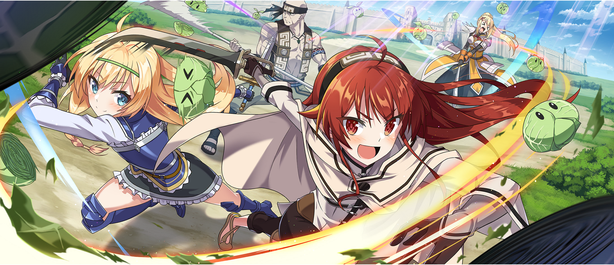 >_< 1boy 3girls :d ahoge armor armored_boots bald black_bodysuit black_gloves black_hairband black_headband black_pants black_skirt blonde_hair blue_armor blue_eyes bodysuit boots braid bush cabbage cabbage_(konosuba) cloak creature crossover darkness_(konosuba) dirt_road eris_greyrat faulds game_cg gloves grass green_hairband hair_ornament hairband headband highres holding holding_polearm holding_sword holding_weapon iris_(konosuba) jacket jewelry kono_subarashii_sekai_ni_shukufuku_wo! konosuba!_fantastic_days leg_up long_hair long_sleeves looking_at_viewer miniskirt multiple_girls mushoku_tensei neck_ribbon necklace official_art open_mouth outdoors outstretched_arms pants pauldrons polearm ponytail ponytail_with_braided_base red_eyes red_hair red_ribbon ribbon road ruijerd_superdia shirt shoulder_armor side_braid sidelocks single_pauldron skirt slashing smile spear standing sword v-shaped_eyebrows vambraces weapon white_cloak white_jacket white_shirt x_hair_ornament