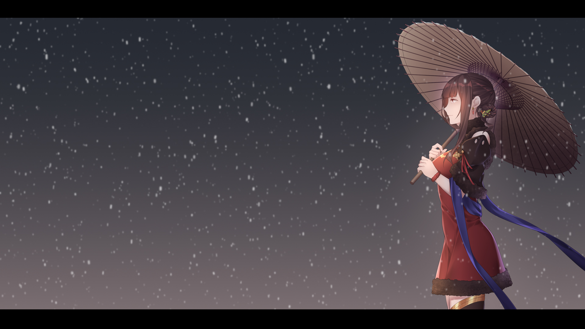 1girl black_dress breasts brown_eyes brown_hair cartonbox_(zhixiang_zhi) china_dress chinese_clothes closed_mouth dress earrings hair_ornament highres holding holding_umbrella jewelry letterboxed long_hair looking_away medium_breasts oil-paper_umbrella simple_background snowflake_background snowflakes solo standing umbrella warship_girls_r yat_sen_(warship_girls_r)
