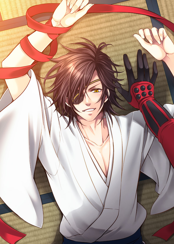 2boys brown_hair date_masamune_(sengoku_basara) grin japanese_clothes kimono lying male_focus multiple_boys on_back on_floor out_of_frame pectoral_cleavage pectorals sanada_yukimura_(sengoku_basara) sengoku_basara short_hair slit_pupils smile solo_focus tatami warabi_(waradoko) white_kimono yaoi yellow_eyes yukadon