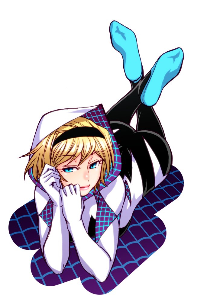 1girl animification ass black_hairband blonde_hair blue_eyes breasts chiba_toshirou commentary_request crossed_ankles feet feet_up full_body gwen_stacy hairband hood looking_at_viewer lying marvel medium_breasts on_stomach smile soles solo spider-gwen spider-man_(series) the_pose