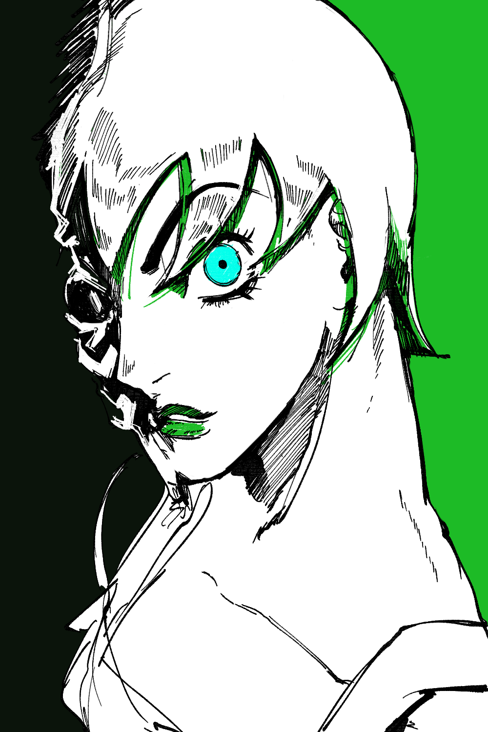 1girl blue_eyes commentary_request foo_fighters_(jojo) foo_fighters_(stand) green_lips greyscale highres jojo_no_kimyou_na_bouken kimeohandream korean_commentary monochrome short_hair solo spot_color stand_(jojo) stone_ocean