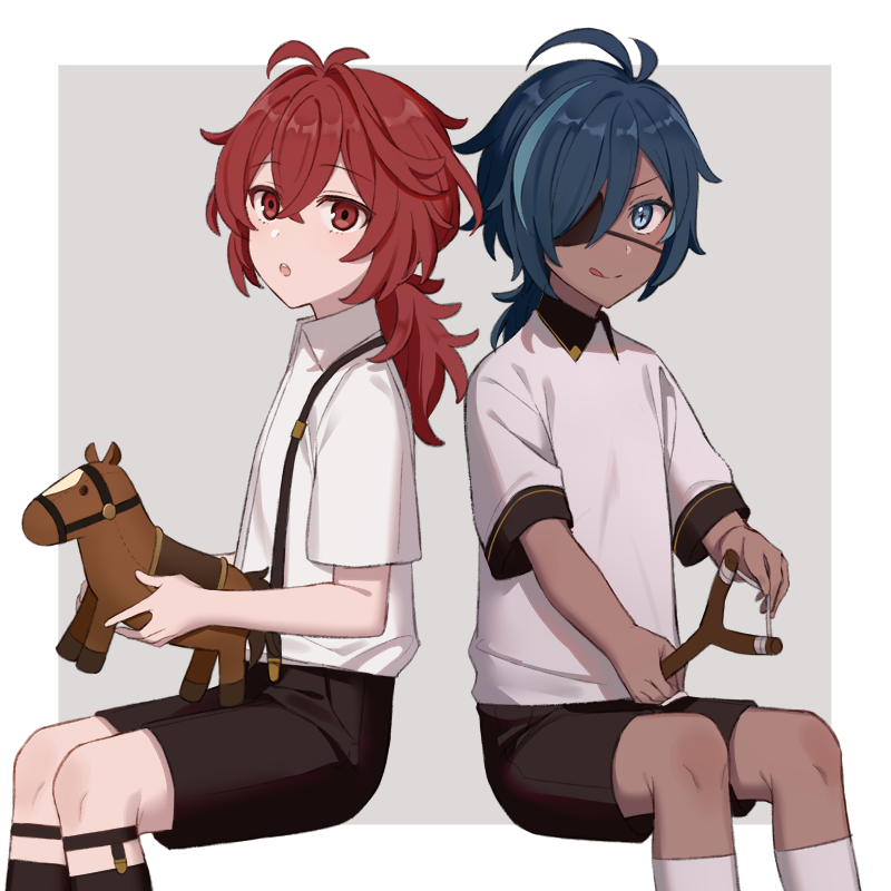 2boys :o :q aged_down antenna_hair black_shorts black_socks blue_eyes blue_hair border child closed_mouth collared_shirt commentary crossed_bangs dark-skinned_male dark_skin diluc_(genshin_impact) eyepatch genshin_impact grey_background hair_between_eyes hair_intakes holding holding_slingshot holding_stuffed_toy kaeya_(genshin_impact) kn_(akairo0530) kneehighs long_hair looking_at_viewer low_ponytail male_focus multicolored_hair multiple_boys one_eye_covered open_mouth outside_border parted_bangs ponytail red_eyes red_hair shirt shirt_tucked_in short_shorts short_sleeves shorts sidelocks simple_background slingshot_(weapon) smile socks step-siblings streaked_hair stuffed_animal stuffed_horse stuffed_toy suspender_shorts suspenders swept_bangs teeth tongue tongue_out upper_teeth_only white_border white_shirt white_socks wing_collar