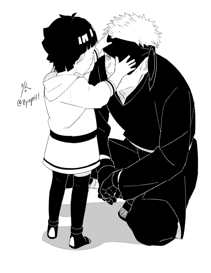 1boy 1girl black_gloves black_jacket black_pants boruto:_naruto_next_generations closed_mouth eyepatch full_body gloves greyscale jacket kneepits monochrome naruto_(series) naruto_shippuuden ninja on_one_knee pants sandals sharingan short_hair simple_background smile spiked_hair uchiha_obito uzumaki_himawari white_background zifletts