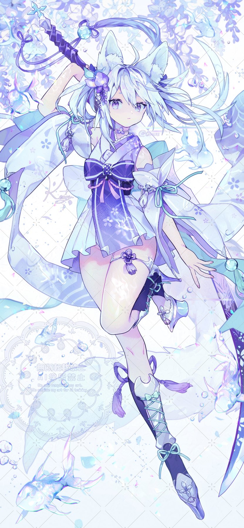 1girl animal_ear_fluff animal_ears black_socks blue_bow blue_ribbon bow convenient_censoring detached_sleeves fish floral_background full_body hair_ornament high_heels highres holding holding_sword holding_weapon japanese_clothes katana kimono kneehighs looking_at_viewer natsuiro_xx original purple_eyes ribbon shin_guards short_kimono sleeveless sleeveless_kimono socks solo sword tail thigh_strap twintails weapon white_hair wide_sleeves