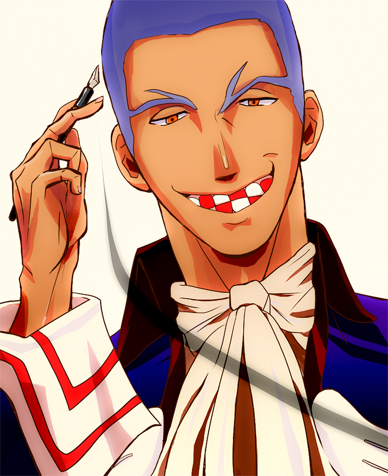 1boy alexandre_dumas_(fate) colored_teeth dark-skinned_male dark_skin fate/strange_fake fate_(series) male_focus orange_eyes pencil portrait purple_hair red_teeth simple_background solo teeth white_background