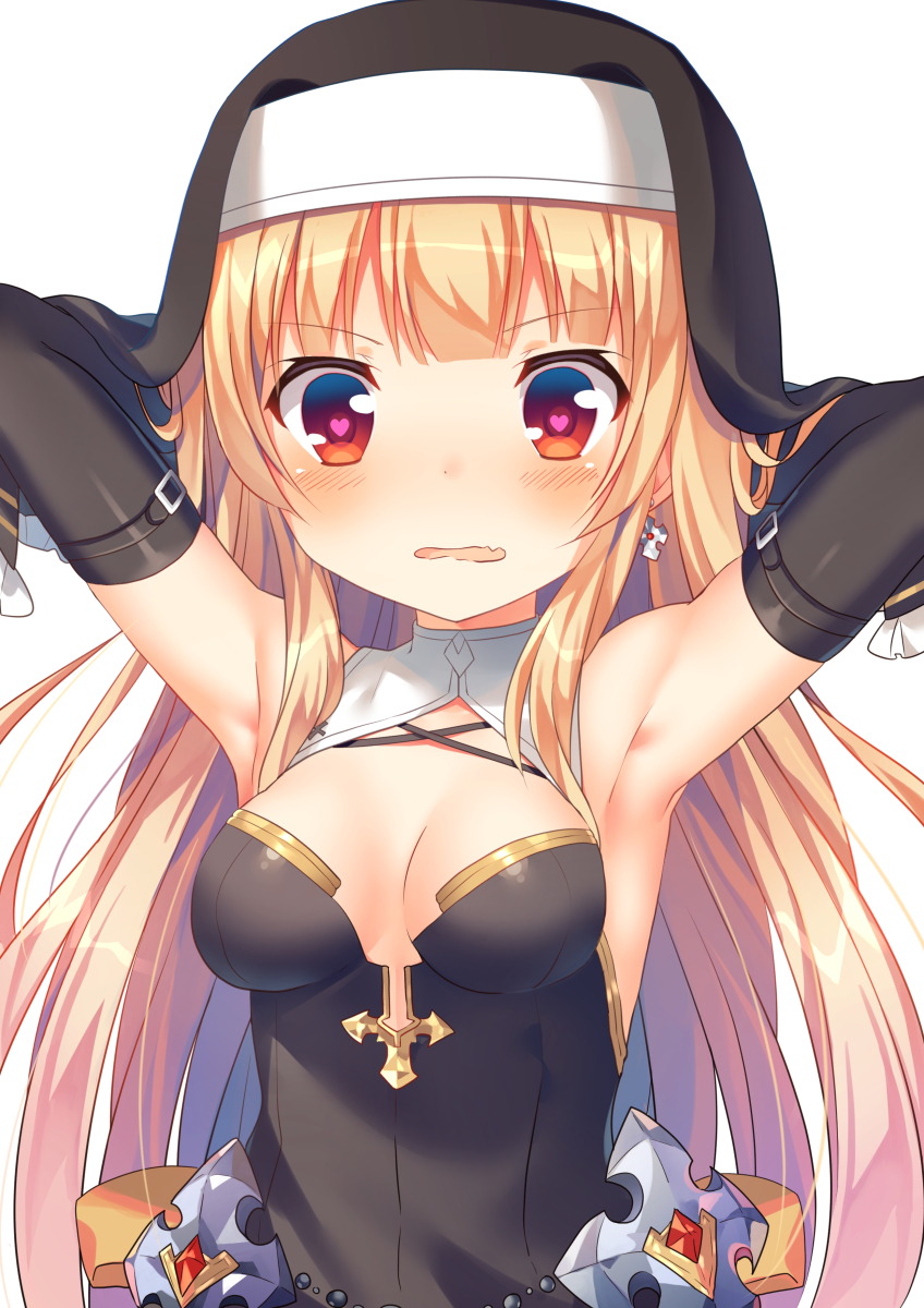 1girl armpits arms_behind_head arms_up bare_shoulders beads black_gloves blonde_hair blush breasts breasts_apart craytm cross earrings elbow_gloves fang female_focus gloves habit heart heart-shaped_pupils highres jewelry long_hair looking_at_viewer medium_breasts open_mouth original red_eyes sidelocks simple_background single_earring solo symbol-shaped_pupils upper_body veil wavy_mouth white_background