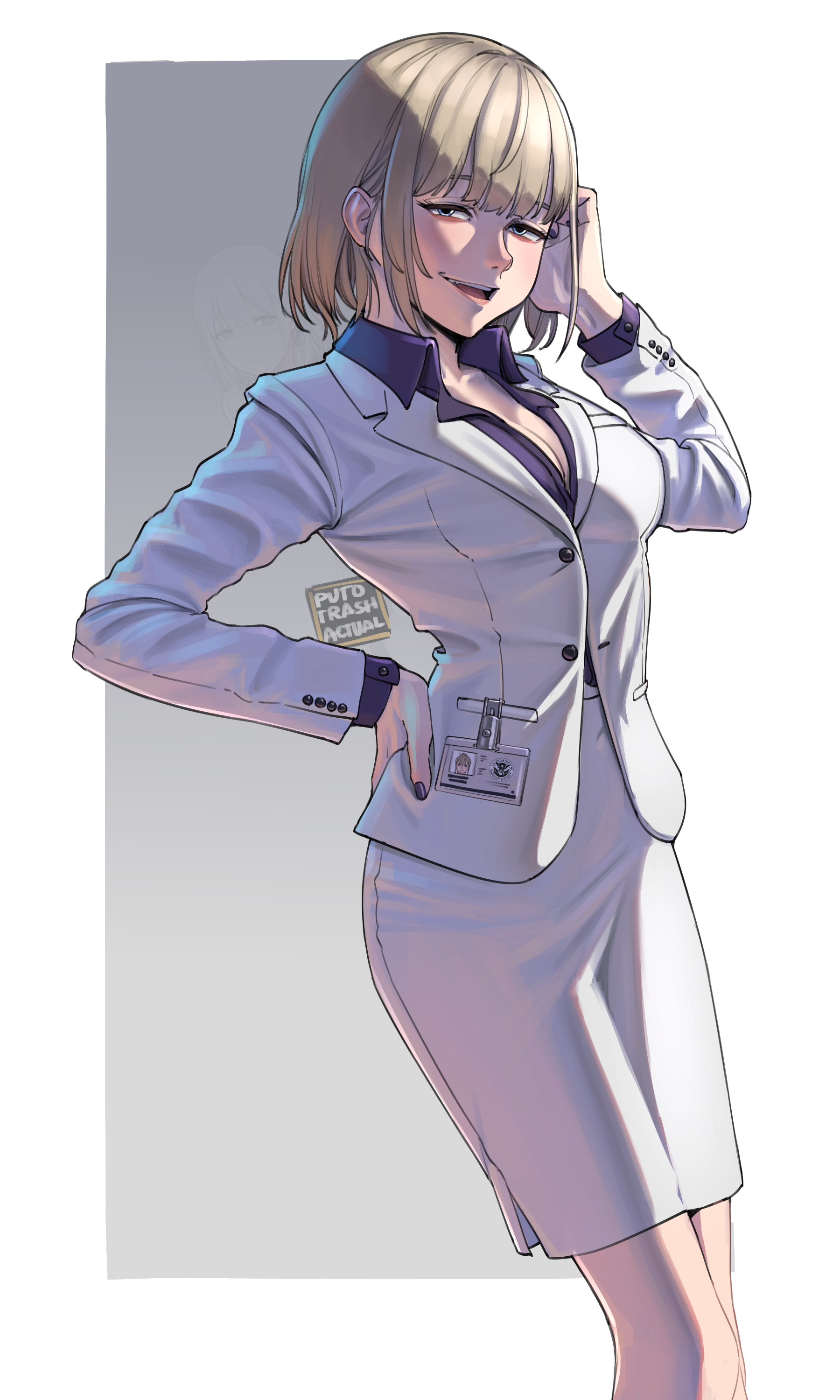 1girl absurdres artist_name black_nails blonde_hair blue_eyes breasts cleavage collared_shirt commentary cosplay cowboy_shot english_commentary english_text girls'_frontline grey_background hand_on_own_hip highres id_card jacket looking_at_viewer meme open_mouth original pencil_skirt purple_shirt puto_trash rpk-16_(girls'_frontline) rpk-16_(girls'_frontline)_(cosplay) rpk-16_(renate)_(girls'_frontline) shirt short_hair skirt smile solo teeth textless_version two-tone_background upper_teeth_only white_background white_jacket white_skirt