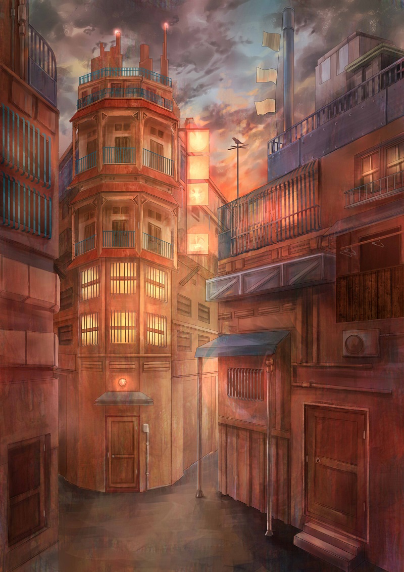 balcony banner building canopy chimney clothes_hanger cloud cloudy_sky dark_clouds door floor lamp lightning_rod no_humans original outdoors perspective scenery sky stairs twilight wariko window wooden_door