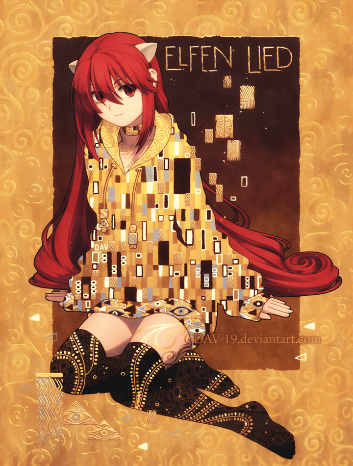 1girl alternate_costume artist_name choker closed_mouth commentary copyright_name dav-19 elfen_lied english_commentary hair_between_eyes hood hoodie horns long_hair looking_at_viewer lucy_(elfen_lied) pink_eyes pink_hair sidelocks sitting smile solo thighhighs watermark web_address yellow_choker yellow_hoodie