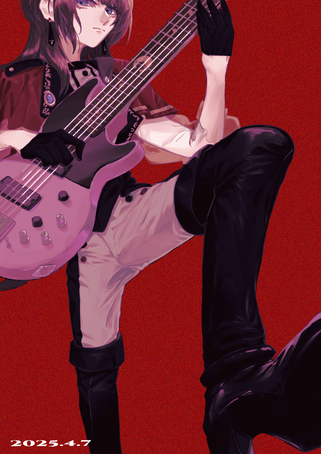 1girl bang_dream! bang_dream!_it&#039;s_mygo!!!!! bass_guitar black_boots black_gloves black_hair black_vest blue_eyes boots capelet dated diagonal_bangs doanobu8817 earrings gloves half_gloves high_heel_boots high_heels highres holding holding_bass_guitar holding_instrument instrument jewelry medium_hair music pants parted_bangs playing_bass_guitar playing_instrument red_background red_capelet see-through_clothes see-through_sleeves simple_background solo thigh_boots timoris_(bang_dream!) two-tone_pants vest yahata_umiri