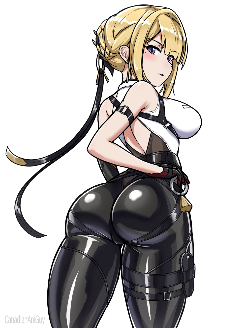 1girl artist_name ass backless_outfit black_pants blonde_hair breasts canadiananiguy collared_shirt ear_piercing earrings elbow_gloves evelyn_chevalier eyebrows_hidden_by_hair eyes_visible_through_hair gloves high-waist_pants highres jewelry large_breasts latex_pants looking_at_viewer mole mole_under_eye pants piercing purple_eyes shirt single_elbow_glove sleeveless sleeveless_shirt solo standing teeth thighs tight_clothes tight_pants white_background white_shirt zenless_zone_zero