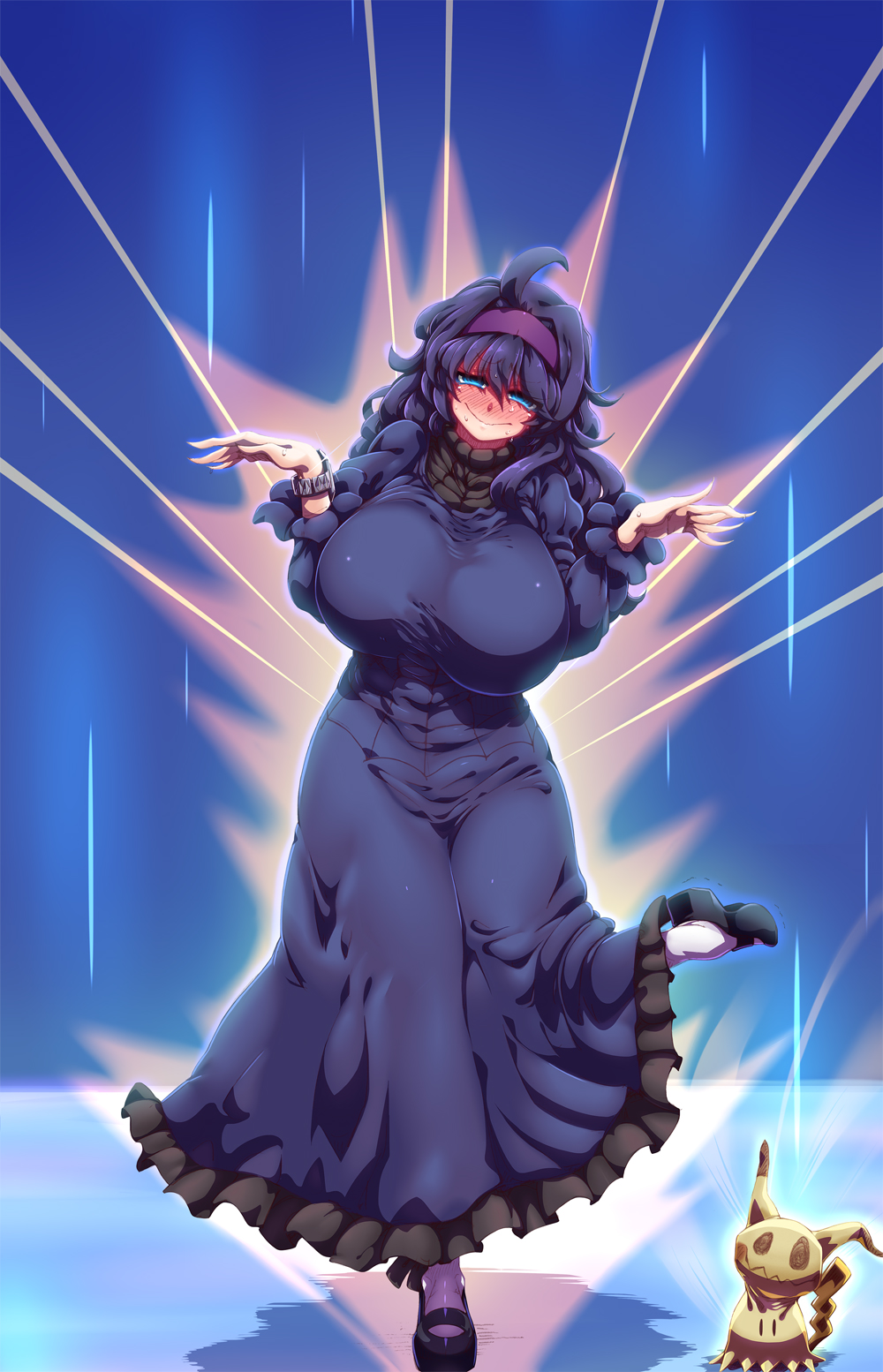 2girls ? @_@ ahoge alternate_breast_size bangle black_footwear black_hair blue_eyes blush bracelet breasts cardigan cowering dancing dress embarrassed full-face_blush gen_7_pokemon hairband heart heart_hands hex_maniac_(pokemon) highres huge_breasts impossible_clothes jewelry long_hair looking_at_viewer mary_janes messy_hair mimikyu multiple_girls multiple_views nervous_smile nintendo npc_trainer pokemon pokemon_(creature) pokemon_sm pokemon_xy shoes smile spoken_blush spoken_question_mark sweat tokyo_(great_akuta) uwabaki wavy_mouth