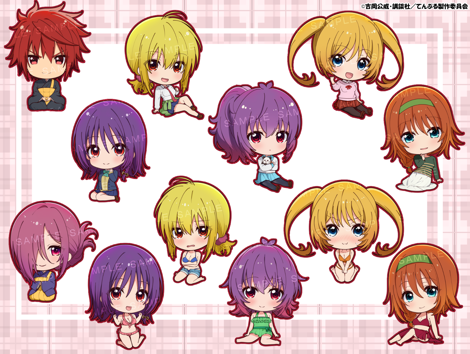 6+girls aoba_kurage aoba_tsukuyo aoba_yutsuki baldwin_kagura bikini blonde_hair blue_bikini blue_eyes chibi christoph_mia headband highres kiki_(temple) long_hair multiple_girls orange_bikini orange_hair purple_hair red_bikini red_eyes spiked_hair swimsuit temple_(series) tsurugi_hikaru twintails
