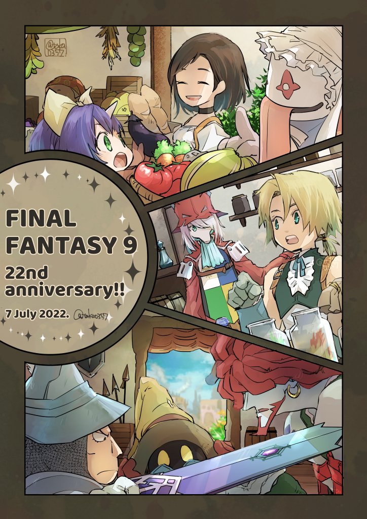 1other 3girls 4boys adelbert_steiner anniversary armor ascot bare_shoulders beard black_choker blonde_hair blue_ascot blue_eyes bodysuit border bow breasts brown_border brown_hair burmecian carrot chainmail choker closed_eyes coat colored_skin cropped_vest dated dreadlocks eiko_carol facial_hair final_fantasy final_fantasy_ix food freija_crescent garnet_til_alexandros_xvii gloves green_eyes green_vest grey_gloves grey_hair grey_skin hair_bow hair_over_eyes hair_over_one_eye hat holding holding_food holding_sword holding_vegetable holding_weapon horns low_ponytail medium_breasts mouse_girl multiple_boys multiple_girls open_mouth orange_bodysuit parted_bangs parted_lips ponytail purple_hair quina_quen red_coat red_gloves red_hair red_hat salamander_coral shirt short_hair shoulder_armor single_horn sword takase_toho tomato tongue tongue_out twitter_username vegetable vest vivi_ornitier weapon white_shirt wizard_hat wrist_cuffs yellow_bow yellow_eyes zidane_tribal
