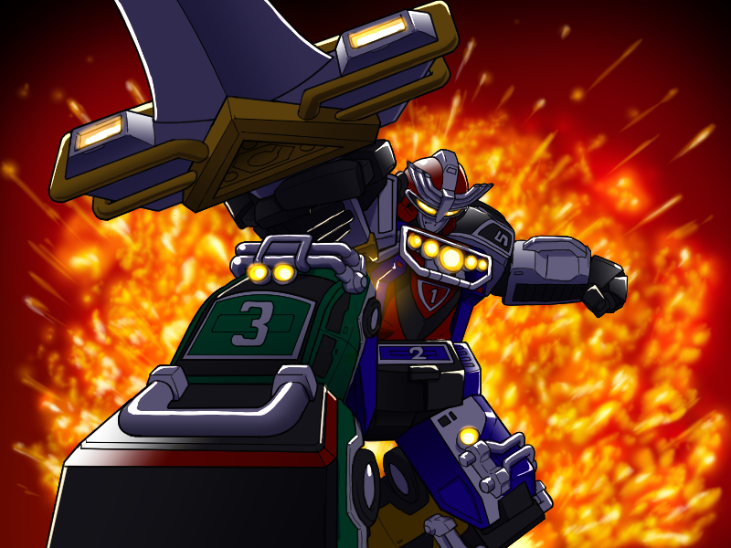 clenched_hand explosion gattai gekisou_sentai_carranger helios_(divisar) mecha no_humans outdoors power_rangers power_rangers_turbo robot rv_robo super_sentai sword tokusatsu turbo_megazord weapon wheel