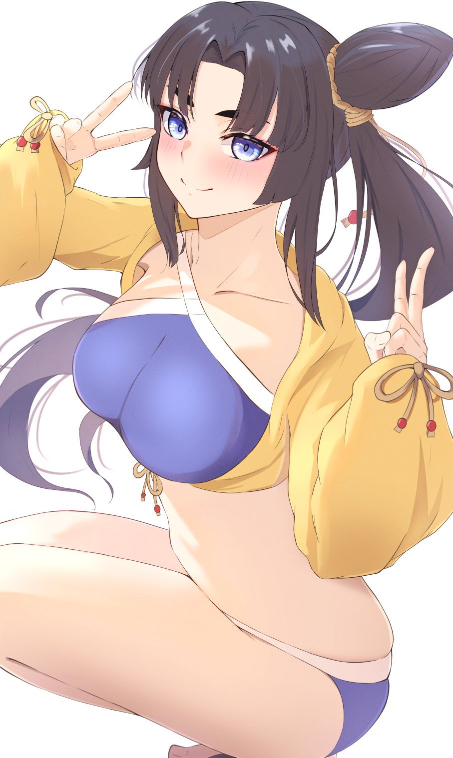1girl bare_shoulders bikini black_hair blue_bikini blue_eyes blush breasts collarbone fate/grand_order fate_(series) hair_bun highres jacket long_hair looking_at_viewer medium_breasts parted_bangs side_ponytail sidelocks single_hair_bun smile solo squatting swimsuit umi_endu ushiwakamaru_(fate) ushiwakamaru_(swimsuit_assassin)_(fate) ushiwakamaru_(swimsuit_assassin)_(first_ascension)_(fate) v very_long_hair yellow_jacket