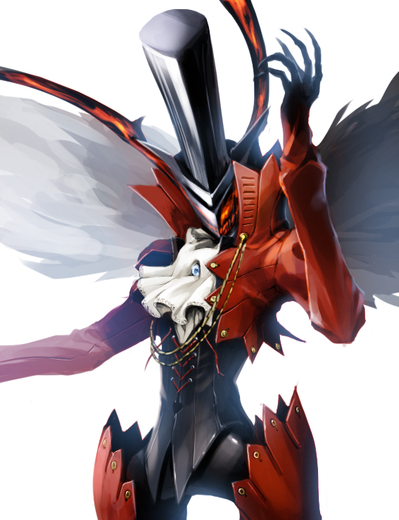 10s 1boy arsene_(persona_5) gloves hat male_focus mask persona persona_5 simple_background smile solo taedu top_hat white_background wings