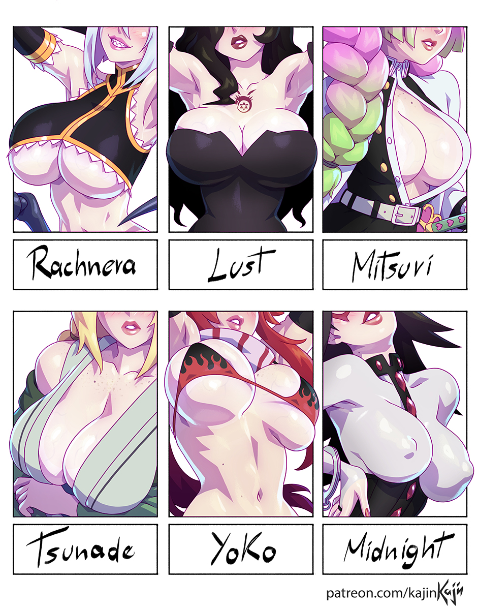 6+girls arachne armpits arms_up arthropod_girl artist_name bare_shoulders bikini bikini_top_only black_dress black_hair blonde_hair body_freckles boku_no_hero_academia bracelet breast_focus breasts bursting_breasts character_name chest_tattoo cleavage covered_erect_nipples dress elbow_gloves evil_grin evil_smile female_focus freckles fullmetal_alchemist gloves green_hair grin hand_on_own_hip head_out_of_frame highres huge_breasts insect_girl jewelry kajin_(kajinman) kanroji_mitsuri kimetsu_no_yaiba large_breasts long_hair lust_(fma) mature_female midnight_(boku_no_hero_academia) mole mole_on_breast mole_on_stomach monster_girl monster_musume_no_iru_nichijou multicolored_hair multiple_drawing_challenge multiple_girls nail_polish naruto_(series) navel no_bra nose patreon_username pink_hair rachnera_arachnera red_hair red_lips scarf sharp_teeth shiny_clothes shiny_skin short_hair silver_hair six_fanarts_challenge skin_tight skindentation smile spider_girl swimsuit tattoo taur teeth tengen_toppa_gurren_lagann thick_lips tsunade_(naruto) underboob veins veiny_breasts watermark web_address white_background yoko_littner