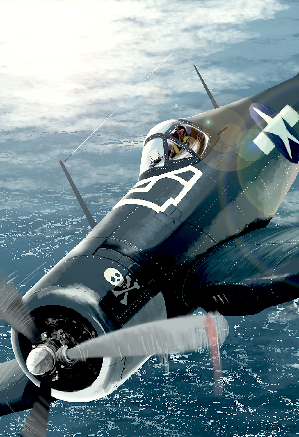 1other aircraft airplane cloud cockpit commentary f4u_corsair highres jolly_roger matsuda_juukou military_vehicle ocean original pilot propeller propeller_fighter skull_and_crossbones united_states_navy world_war_ii