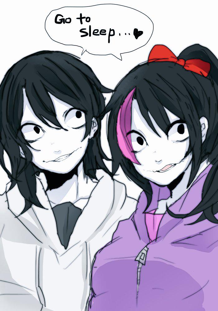 1boy 1girl artist_request black_eyes black_hair colored_skin creepypasta english_text hair_ribbon hood hoodie jeff_the_killer nina_the_killer pale_skin ribbon simple_background speech_bubble white_background white_hoodie white_skin zipped_hoodie zipper