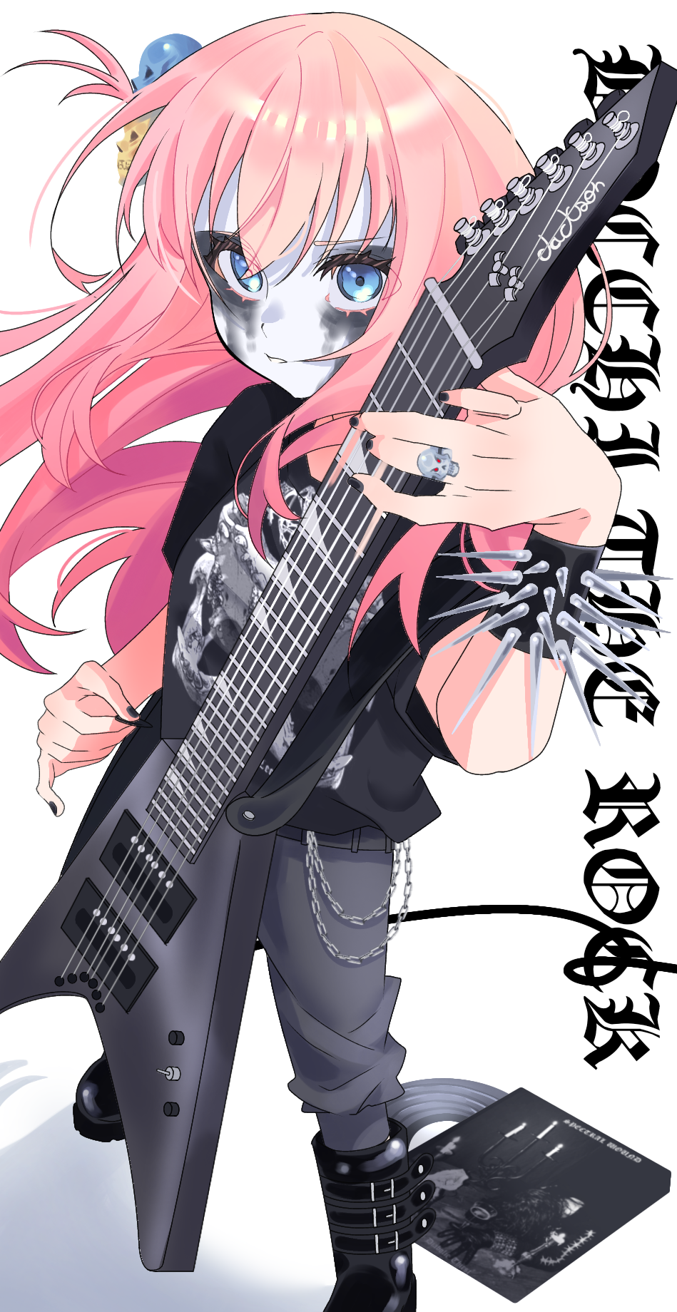 1girl black_boots black_metal black_nails black_shirt blue_eyes bocchi_the_rock! boots bracelet chain commentary_request corpse_paint electric_guitar facepaint foot_out_of_frame german_commentary goth_fashion gotoh_hitori grey_pants guitar guitar_hero hair_ornament heavy_metal highres holding holding_instrument holding_plectrum instrument irreligiositat jackson_guitars jewelry long_hair looking_at_viewer music one_side_up pants pink_hair playing_guitar playing_instrument plectrum record record_jacket ring shirt short_sleeves simple_background skull_hair_ornament skull_ring solo spectral_wound_(band) spiked_bracelet spikes standing t-shirt very_long_hair white_background