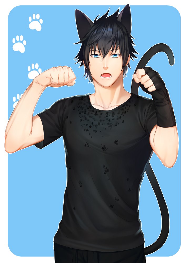 1boy animal_ears black_gloves black_pants black_shirt black_tail blue_background blue_eyes cat_boy cat_ears cat_tail final_fantasy final_fantasy_xv fingerless_gloves gloves male_focus open_mouth pants prompto_argentum shirt short_hair simple_background single_glove solo t-shirt tail tongue zhineart