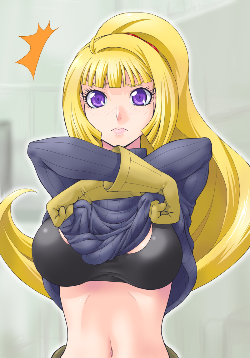 1girl ^^^ blonde_hair blush breasts clothes_lift female_focus gloves gundam gundam_tekketsu_no_orphans kudelia_aina_bernstein lifting_own_clothes long_hair looking_at_viewer midriff navel ponytail purple_eyes solo surprised sweater sweater_lift very_long_hair yaso_shigeru