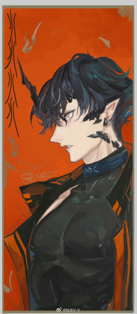 1boy arknights black_hair character_request covered_erect_nipples flamebringer_(arknights) horns looking_ahead male_focus open_clothes pipidan profile short_hair single_horn solo toned toned_male upper_body