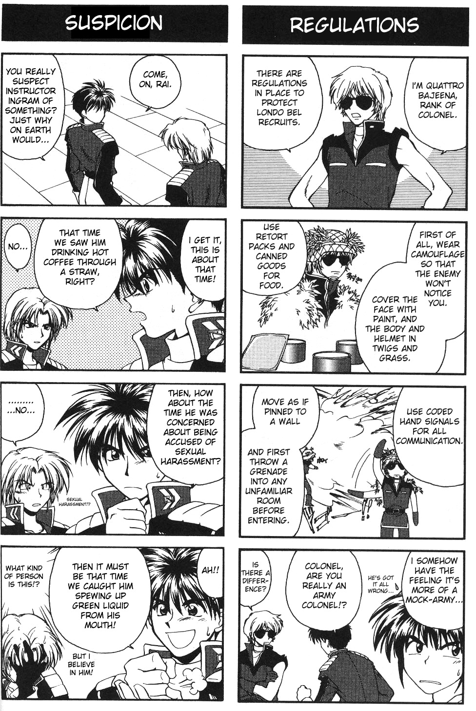 3boys 4koma banpresto char_aznable comic english_text greyscale gundam hard-translated highres male_focus monochrome multiple_4koma multiple_boys quattro_bajeena quattro_bajenna raidese_f_branstein ryuusei_date super_robot_wars third-party_edit translated zeta_gundam