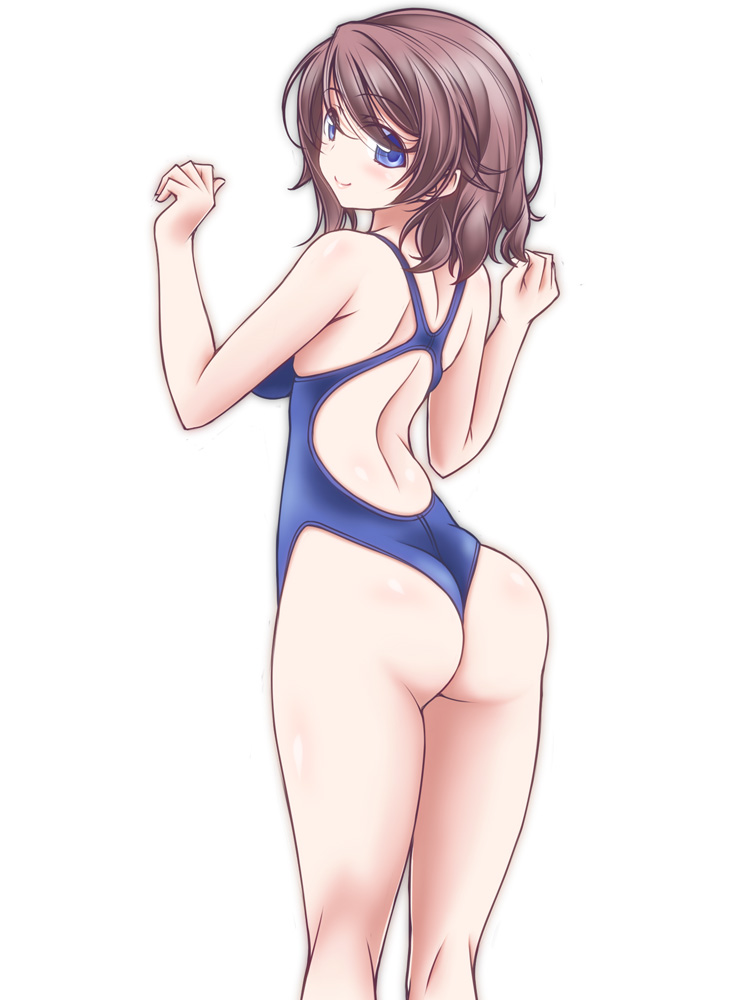 1girl ass back backless_swimsuit blue_eyes blue_one-piece_swimsuit brown_hair closed_mouth commentary from_behind kikuchi_tsutomu kneepits looking_at_viewer looking_back love_live! love_live!_sunshine!! medium_hair one-piece_swimsuit school_swimsuit simple_background smile solo standing swimsuit watanabe_you white_background