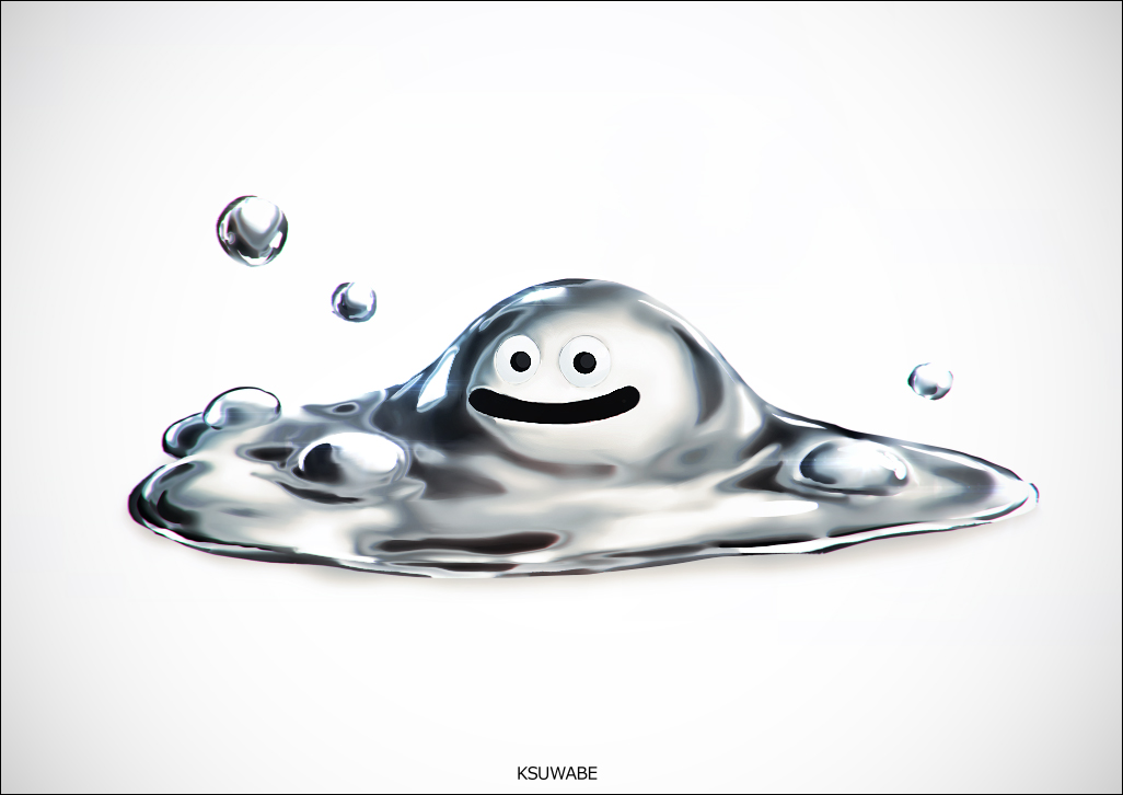 artist_name black_eyes closed_mouth creature dragon_quest k-suwabe liquid_metal_slime_(dq) looking_at_viewer no_humans slime_(creature) smile solo