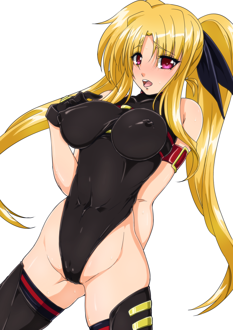 1girl black_gloves black_leotard black_thighhighs blonde_hair breasts cameltoe commentary_request covered_erect_nipples covered_navel fate_testarossa fate_testarossa_(movie_1st_form) female_focus gloves hair_ribbon highleg highleg_leotard highres impossible_clothes impossible_leotard large_breasts leotard long_hair looking_at_viewer lyrical_nanoha magical_girl mahou_shoujo_lyrical_nanoha_strikers open_mouth red_eyes ribbon shiny_clothes shiny_skin simple_background skin_tight solo standing tappa_(esperanza) thighhighs twintails very_long_hair white_background