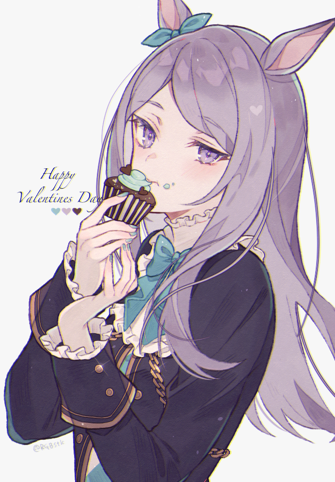 1girl aiguillette animal_ears black_dress blue_bow blue_bowtie blue_ribbon bow bowtie collar cowboy_shot cupcake cursive dress ear_ribbon eating english_text food food_on_face frilled_collar frilled_sleeves frills grey_background happy_valentine heart high_collar holding holding_food horse_ears horse_girl long_hair long_sleeves looking_at_viewer mejiro_mcqueen_(umamusume) purple_eyes purple_hair ribbon satsuki_(miicat) simple_background solo swept_bangs twitter_username umamusume valentine